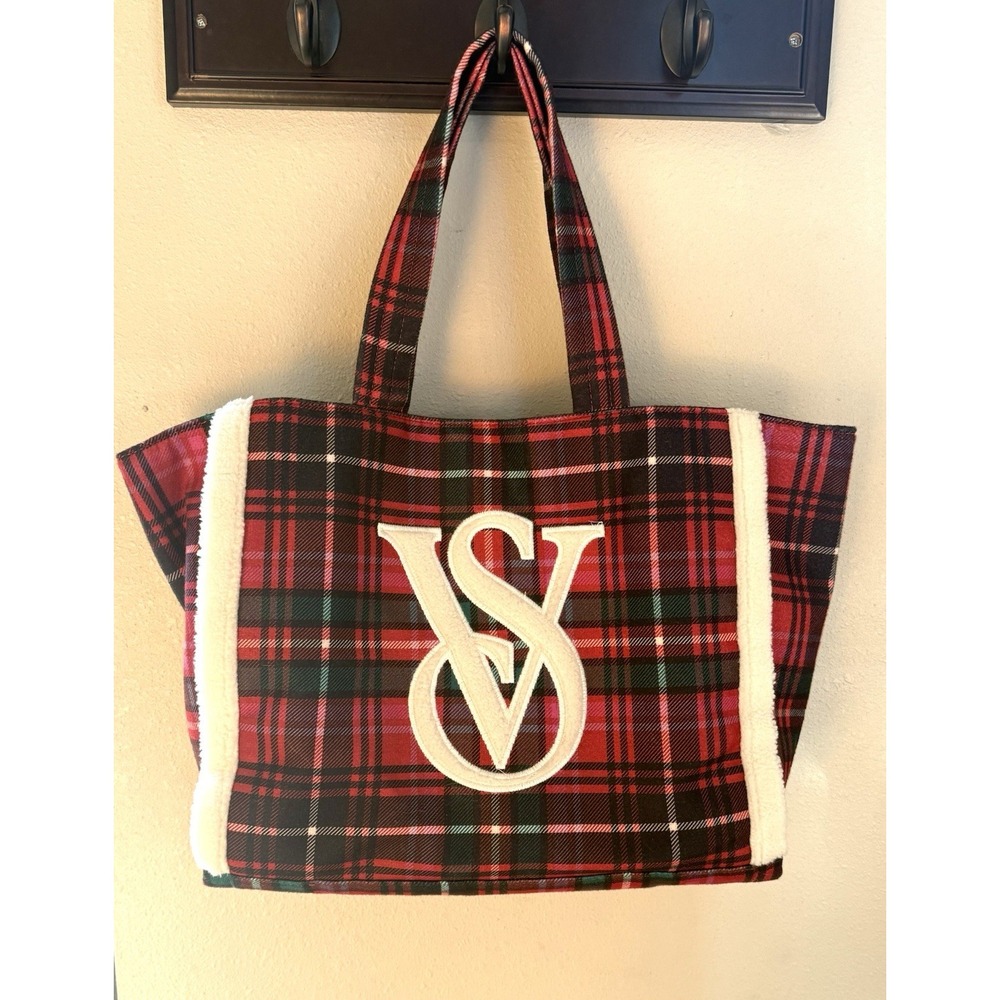 Victoria's Secret VS Faux Fur Sherpa‎ Plaid Flannel Large Tote Bag Purse Red